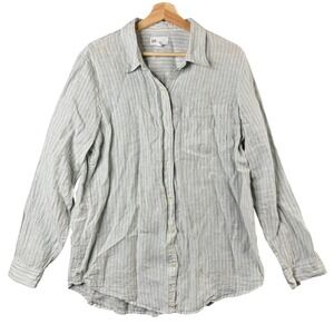 GAP Womens Boyfriend Fit 100% Linen Striped Button Down Shirt Gray White Large